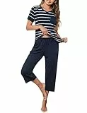 Crewhpo Pyjama Damen Kurz Schlafanzüge Gestreifter Baumwolle Nachtwäsche Zweiteiliger Top Kurzarm und 3/4 Lang Pyjamahose Gestreiftes V-Ausschnitt Loungewear Set Frauen Freizeitanzug
