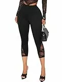 TZLDN 3/4 Leggings Damen mit Spitze Capri Leggins Dreiviertel Jeggings Hosen Sommer Alltag Büro Schwarz XL