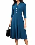 GRACE KARIN Damen Formelle Kleid 3/4 Ärmel Cocktail Retro Knopfleiste A-Linie Kleid Marine Blau S