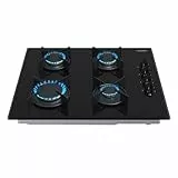 Arebos Gaskochfeld 60cm 4 Brenner | Gasherd aus gehärtetem Glas | Einbaukochfeld mit Gusseisen-Topfträgern | Erdgas & Propangas | Gaskocher mit integrierte Zündsicherung