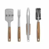 BURNHARD Grillbesteck-Set 4-TLG. 42 cm, Akazienholz Edelstahl, Grillzubehör mit Grillzange, Grillwender, Fleischgabel und Grillbürste mit extra-Langen Holzgriffen und Aufhänge-Ösen