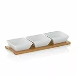 kela Servierschalen Set 4tlg PHILIPA, Porzellan Snackschalen mit Bambus Servierplatte, eckig, Dipschalen Set weiß
