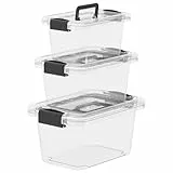 Cetomo Aufbewahrungsboxen, Aufbewahrungsbox mit Deckeln und Griff für Zuhause, Wohnheim und Büro, stapelbare ineinander schachtelbare Behälter, Kunststoff, transparent, 6L 10L 18L-3er Pack