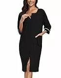 COLORFULLEAF Damen Bademantel mit Reißverschluss 100% Baumwolle Leicht Morgenmantel Hausmantel 3/4 Ärmel Nachthemd mit Taschen(Schwarz,2XL)