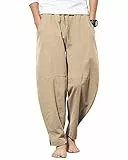 AUDATE Herren Hose Lang Leinen Freizeithose Casual Strandhose Einfarbig Sommerhose Khaki XL