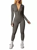 OQQ Damen Sport Jumpsuits Langarm Lässig Freizeit Reißverschluss Nahtlos Yoga Overalls für Frauen Teeblatt
