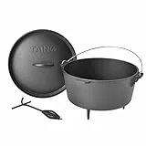 TAINO Dutch Oven 8L aus Gusseisen Ø 30cm Feuertopf Brotbackform Set Deckelheber Ständer Cast Iron Schmortopf mit Füßen Gusstopf ideales Grillzubehör Dopf