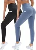 DDOBB 2er Pack Sport Leggings Damen High Waist Sportleggins Damen Lang Mit Taschen Gym Leggins Blickdicht Schwarz Sporthose Elastische Bauchweg Yogahose Fitness Laufhose(Schwarz+Blau,L-XL)