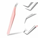 Unabhängige Pinzette Wimpernverlängerung, Rosa Edelstahl Gebogene Spitze Professionelle Wimpern Pinzette Gestreift FADVAN(Dolphin Form)
