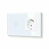 LIAONFOY Steckdose mit 1 Fach 1 Weg Normaler Touch Lichtschalter Weiße Farbe mit Glasrahmen 300 W/Fach 110-250V 157mm Länge Kein neutraler Draht erforderlich