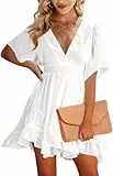 Imily Bela Damen Sommerkleid V Ausschnitt Kurzarm Freizeitkleider Rüschen Strandkleid A-Linie Einfarbig(Weiß,S)