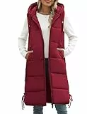 Vancavoo Lange Jacke Weste für Damen Ärmellose Steppweste mit kapuze Daunenweste Übergangsweste Winterjacke Longweste Leichte Warm Gesteppt Winterweste Mänte,Rotwein,L