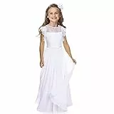 TYHTYM Blumenmädchen-Kleid, Festzug, Hochzeit, Spitzenkleid, Ballkleid, Ballkleid, Mädchen, Partykleid, Flatterärmel, Weiß Gr. (12-13 Jahre, Weiß)