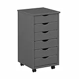 Inter Link Rollcontainer mit 6 Schubladen – Bürocontainer auf Rollen – Massivholz Kiefer Grau lackiert – Rollschrank für Büro & Homeoffice – 35 x 40 x 65 cm – Modell Simon