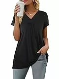 Florboom Tshirt Damen Sommer Kurzarm Tunika Locker Plissiert Elegant Lang Shirts Schwarz XL
