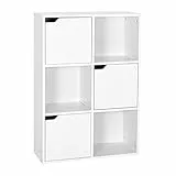 Mondeer Aufbewahrungsregal,Vielschichtiges Bücherregal, Regal aus Holz, Aufbewahrungsschrank für Bücher und DVDs, Sechs Fächer mit DREI Türen, Weiß