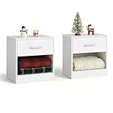 VASAGLE Nachttisch, 2er Set, Beistelltisch, mit Schublade, Griff, offenes Fach, Couchtisch, für Schlafzimmer, Wohnzimmer, klassikweiß LET819T14