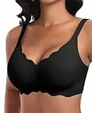 Ganado Damen Nahtloser BH Ohne Bügel Tiefem V-Ausschnitt gewellte Ränder Push Up BH Bralette Soft Bequem BHS Bügellos Bustier (Schwarz-Doppel Vorderwelle, M)