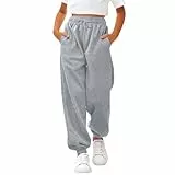 Sporthose Mädchen Baggy Jogginghose Einfarbige Drawstring Jogginghosen Teenager Mädchen High Waist Sweatpants Kinder Elastische Freizeit Lang Hosen mit Taschen (Light Ashy, 13-14 Years)
