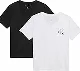 Calvin Klein Damen 2er Pack T-Shirts Kurzarm Logo Tee mit V-Ausschnitt, Mehrfarbig (Black/Brilliant White), M