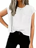 Tankaneo Tshirt Damen Oversize Crop Tops Rundhals Cap Sleeve Shirts Sommer Basic Oberteile mit Brusttasche.Weiß XL