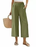 Niwicee Leinenhose Damen Sommer 3/4 Culotte Leichte Weite Leinenhose Sommerhose Elastische High Waist Loose Freizeithose Elegante Lounge Hosen mit Taschen (Grün, L)