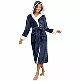 RONGTAI Damen-Bademantel aus Plüsch-Fleece, mit Kapuze, dickes Nachthemd, lang, Nachtwäsche mit zwei Seitentaschen und Gürtel (DE/NL/SE/PL, Alphanumerisch, S, Regular, Regular, Navy Blue)