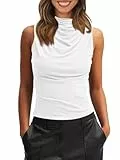Imily Bela Damen Tank Top Ruched Stehkragen Tops Sexy Ärmellos T-Shirts Sommer Wasserfall Camisole Oberteil(Weiß, M)