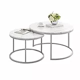 Ginhow Couchtisch Marmor Optik | Satztische fürs Wohnzimmer | ø 80 + 60 Groß Tisch Rund | MDF Coffee Table | Weiß Marmoroptik und Silber Stahl Gestell