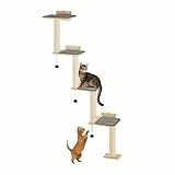 VEVOR Kratzbaum mit 4 Ebenen, Wandmöbel-Set für Katzen mit 4 Sprungbrettern, wandmontiertes schwebendes Katzenregal bis zu18kg,12 mm Katzensitzstange aus Kiefernholz zum Schlafen, Spielen und Klettern