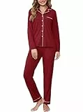 Wikoan Herbst Winter Schlafanzug Damen Zweiteiliger Langarm Pyjama mit Knopfleiste Weich Nachtwäsche Set Loungewear Hausanzug Burgunderrot M