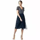 Maya Deluxe Damen Midi-Kleid mit V-Ausschnitt, Verziert Brautjungfernkleid, Navy, 42