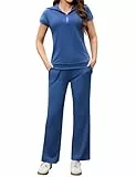 Aottori Trainingsanzug Damen Zweiteiler Hausanzug Sommer Outfits Tracksuit Kurzarm 2 teiler Freizeitanzug Jogginganzug Sport Lounge Set Elegant Loungewear Homewear Blau L