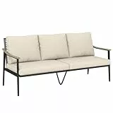 Outsunny Gartensofa 3-Sitzer Rattan Loungesofa mit abnehmbar Kissen Holzoptik-Armlehnen Stahlrahmen wetterfest Gartenbank Outdoor Sitzbank Gartenmöbel für Garten Terrasse Khaki