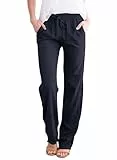 Tincini Leinenhose Damen Hose Sommer Musselin Leinen Hosen Stoffhose Einfarbig Freizeithose Gerade Geschnitten Strandhose Sommerhose mit Taschen (Navy Blau, L)
