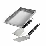 BURNHARD Edelstahl Plancha Set Fred 41,5 x 23,5 cm mit 2-tlg. Grillspachtel und Grillschaber Set