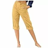KOG 3/4 Hose Damen Leinenhose 2025 Sommerhose für Damen Baumwolle Elegante Cargo Hosen Frauen Jogginghosen Basic Sport Hose Rot Stretch Hose Boho Hose Angebote Gelb XL