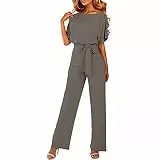 GOTOTOP Damen O-Ausschnitt Kurzarm Lang Jumpsuit Elegant Weite Bein Overall Romper Playsuit Hosenanzug mit Gürtel(XL-Grau)