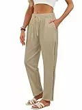 outfit spring Damen Sommerhosen Leicht 7/8 Leinenhose Damen Luftige Sommerhose mit Spitzenbesatz, Atmungsaktiver Baumwoll-Leinen-Mix Hose Damen Sommer Elastischer Bund mit Kordelzug, Khaki, M