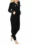 Eight 2 Nine Damen Teddyfleece Jumpsuit mit Kapuze und Öhrchen, Flauschiger Overall mit Daumenlöchern, kuschelig bequemer One-Piece für entspannte Stunden, schwarz, grau, rosa XS-XL black1 XS/S