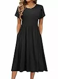 Hotouch Sommerkleid Damen Freizeit Kleider Einfarbig Rundhals Strandkleid Kurzarm Midi Kleid Lose A-Linie Kleider mit Tasche S-XXL Schwarz M
