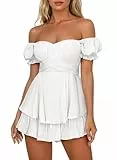 Pink Queen Damen Boho Kleid Strampler Sommer Kurz Schulterfreier Jumpsuit Off Shoulder Rüschen Chiffon Playsuit Weiß XL