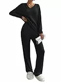 Famulily Schlafanzug Damen Winter Pyjama Lang Langarm V-Ausschnitt Loungewear Hausanzug Weites Bein Zweiteiler Set Outfit mit Taschen (XXL,Schwarz)