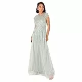 Maya Deluxe Women's Maxi Dress Ladies Round Neck Sheer Cap Sleeve Sequin Embellished Tulle A-line Evening Occasion Prom Ball Gown, Salbeigrün 36