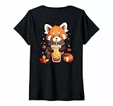 Damen Süßer roter Panda trinkt Bubble Tea Cozy Autumn T-Shirt mit V-Ausschnitt