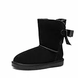 DREAM PAIRS Damen Winter Schneestiefel FuzzyChic Schleife Echtes Wildleder Kunstfellfutter Memory-Schaum Warme Winter Kurzstiefel für drinnen und draußen,Size 39,Schwarz,SDSB2408W