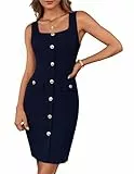 GRACE KARIN Damen Cocktailkleider Minikleider Businesskleider Viereckiger Ausschnitt Knopf Kleider Ärmellose Wickelkleider Arbeit Büro Formales Minikleid mit Gürtel Marineblau M