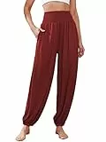 Famulily Damen Harem Hose mit Taschen Solid Color Elastiband Yoga Pilates Hose Leichte Walking Lounge Wein XXL