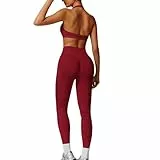 JN JANPRINT Nahtlose Fitness-Sets für Damen, 2-teilig, Neckholder, rückenfrei, Sport-BHs, versteckte Scrunch-Leggings, Yoga-Outfits, Workout-Trainingsanzug, burgunderfarben, S