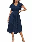 Damen Midikleid Lässig Swing V-Ausschnitt Elastische Taille Wickelkleid M Marineblau
